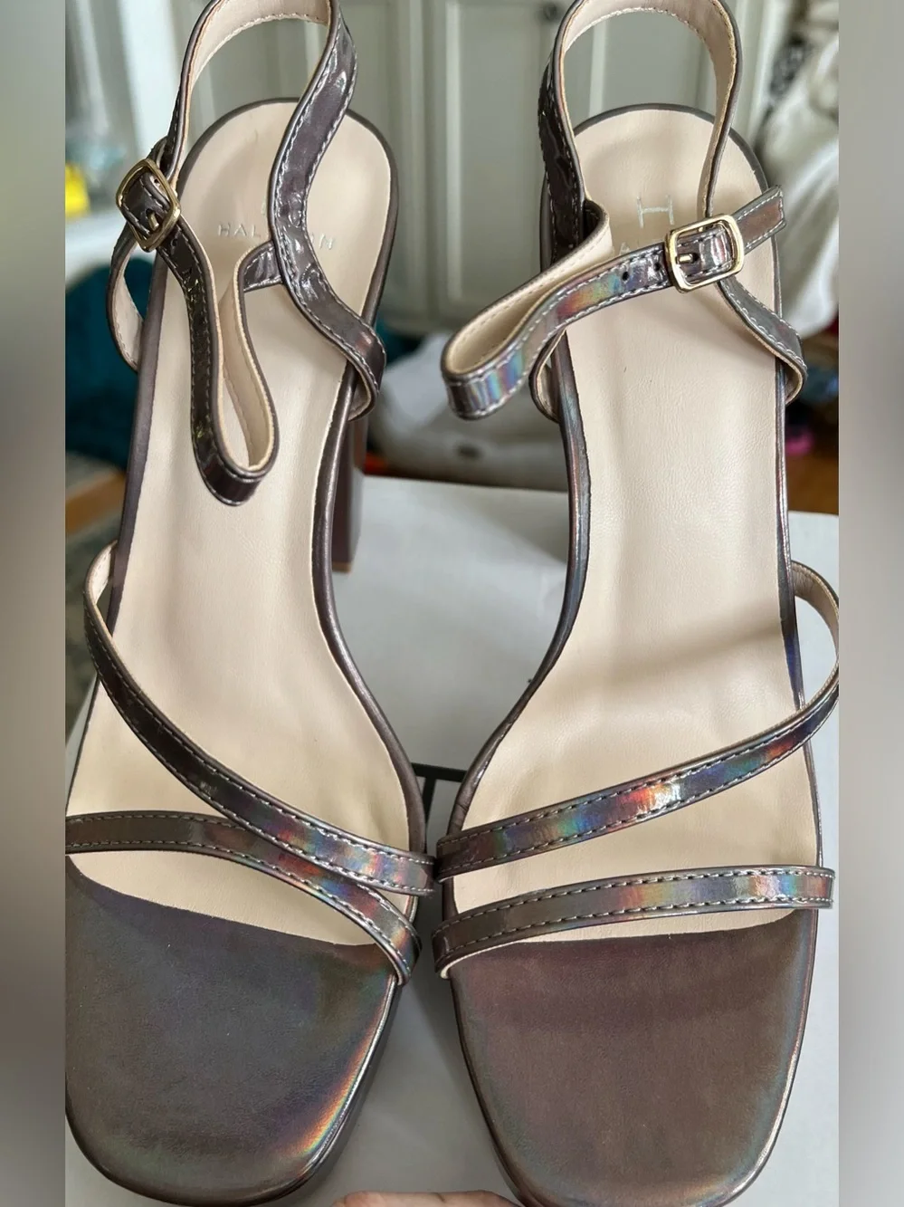 Halston Iridescent Pewter Platform Sandals. NIB. Size: 9.  Asking; $49.